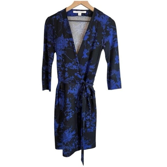 DVF Diane Von Furstenberg Valerie Wrap Dress 6 Small Blue Black Wool Silk Cotton - Picture 13 of 16